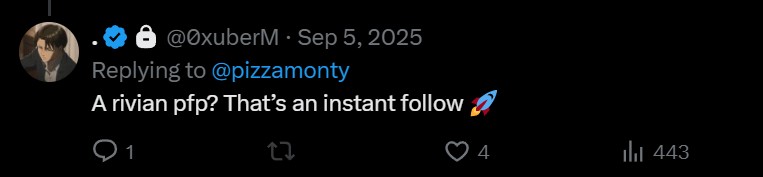 @0xuberM: A rivian pfp? That's an instant follow