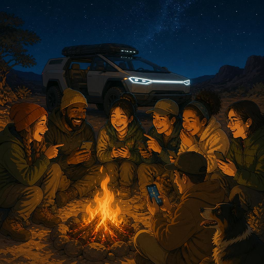 Diverse group of cartoon adventurers around a campfire with a Rivian-style truck in the background under stars